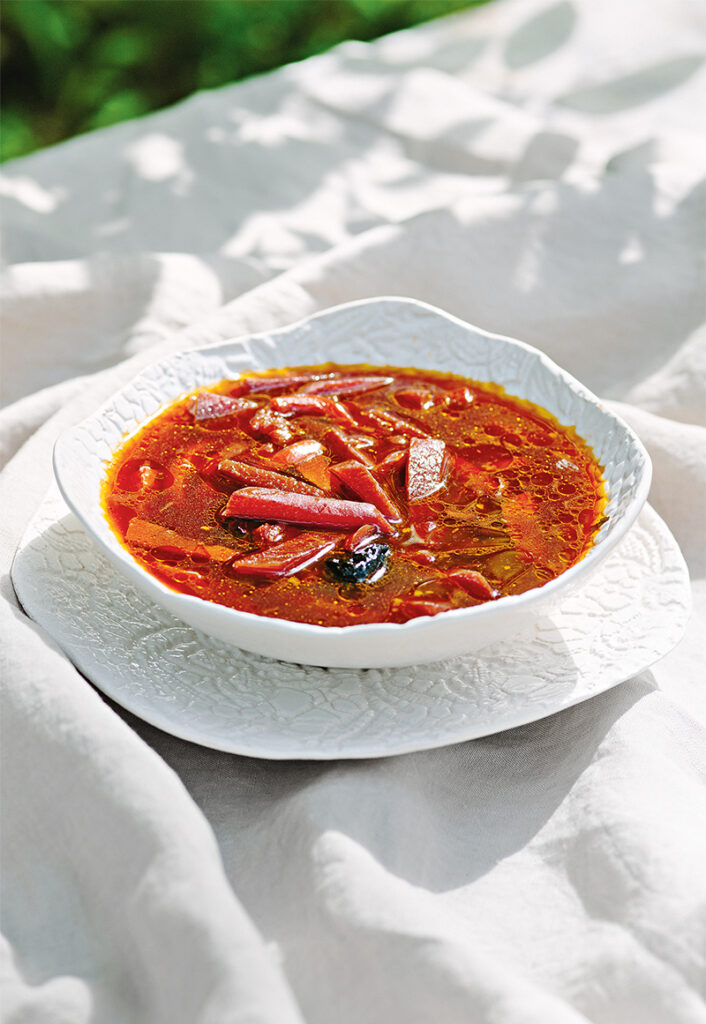 хлодный красный суп свекольник с порезанными овощами в белой тарелке
