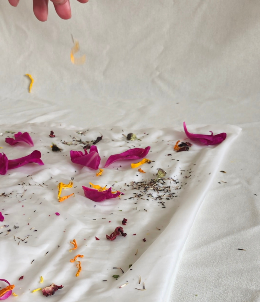 лепестки розовых цветов на белой ткани