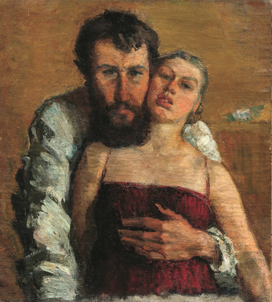 портрет масляными красками женщины в красном платье с мужчиной