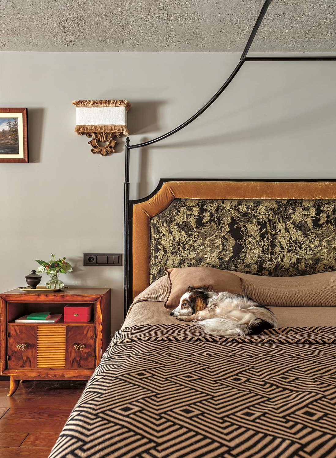 собака лежит на кровати эстетичный интерьер деревянный пол