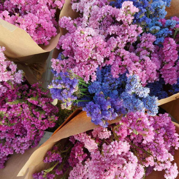 Букеты цветов с цветочной фермы, розовые и голубые цветы в крафтовой бумаге